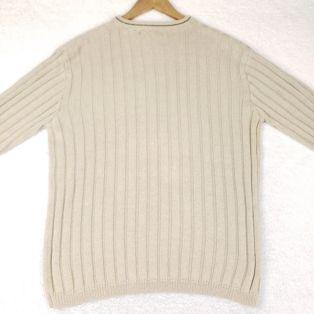 VTG Structure Sweater Mens Small Tan Beige V-Neck Ribbed Knit Ramie Cotton 90s